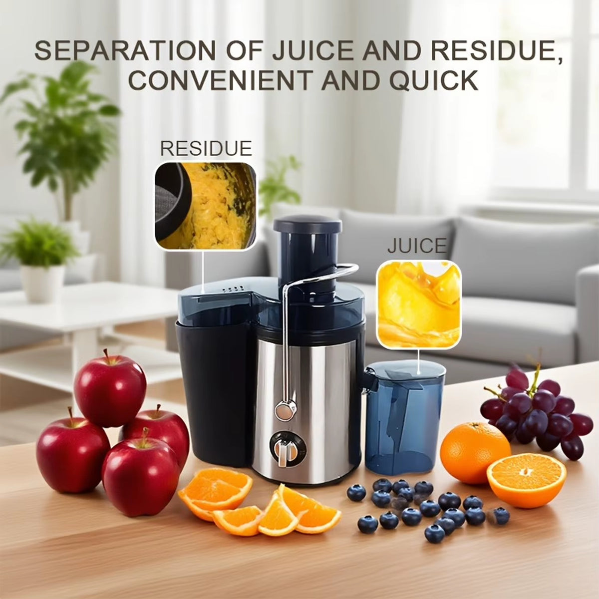 Dual-Purpose Juicer for Household and Commercial Use with High-Power Motor, High-Speed Output for Fine, Residue-Free Juice, Large Capacity, High-Temperature Resistant, and Odorless Fresh Pressing of Fruits and Vegetables