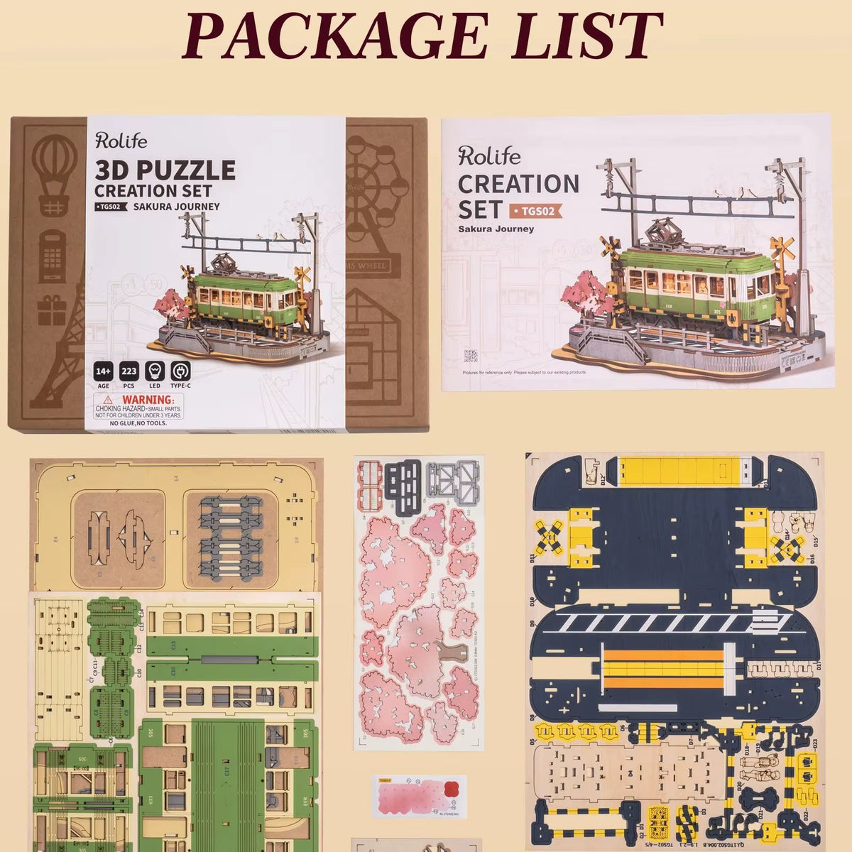Rolife Wooden 3D Puzzle Sakura Journey Tram DIY Model Kit with LED for Home Decor and Gift for Adults and Families