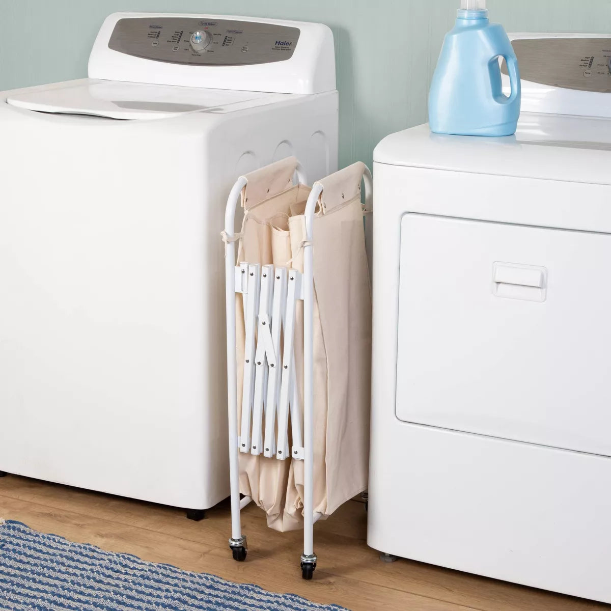 Accordion Triple Sorter - White Steel Rolling Laundry Hamper with Wheels, Collapsible Open-Top Design