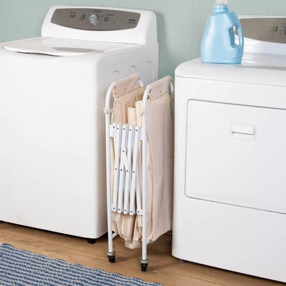 Accordion Triple Sorter - White Steel Rolling Laundry Hamper with Wheels, Collapsible Open-Top Design