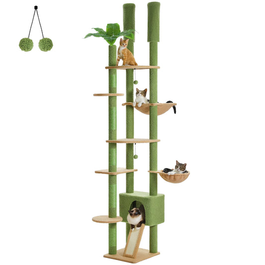 Height Adjustable Wooden Cat Tower with Spacious Hammock and Sisal Scratching Posts - Floor to Ceiling Indoor Cat Condo