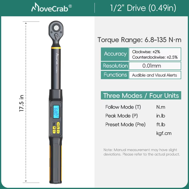 Digital Torque Wrench 1-340N.M 2% Accuracy Preset & Led/Buzzer Alerts for Bike Motorcycles Automotive Mechanical Tool