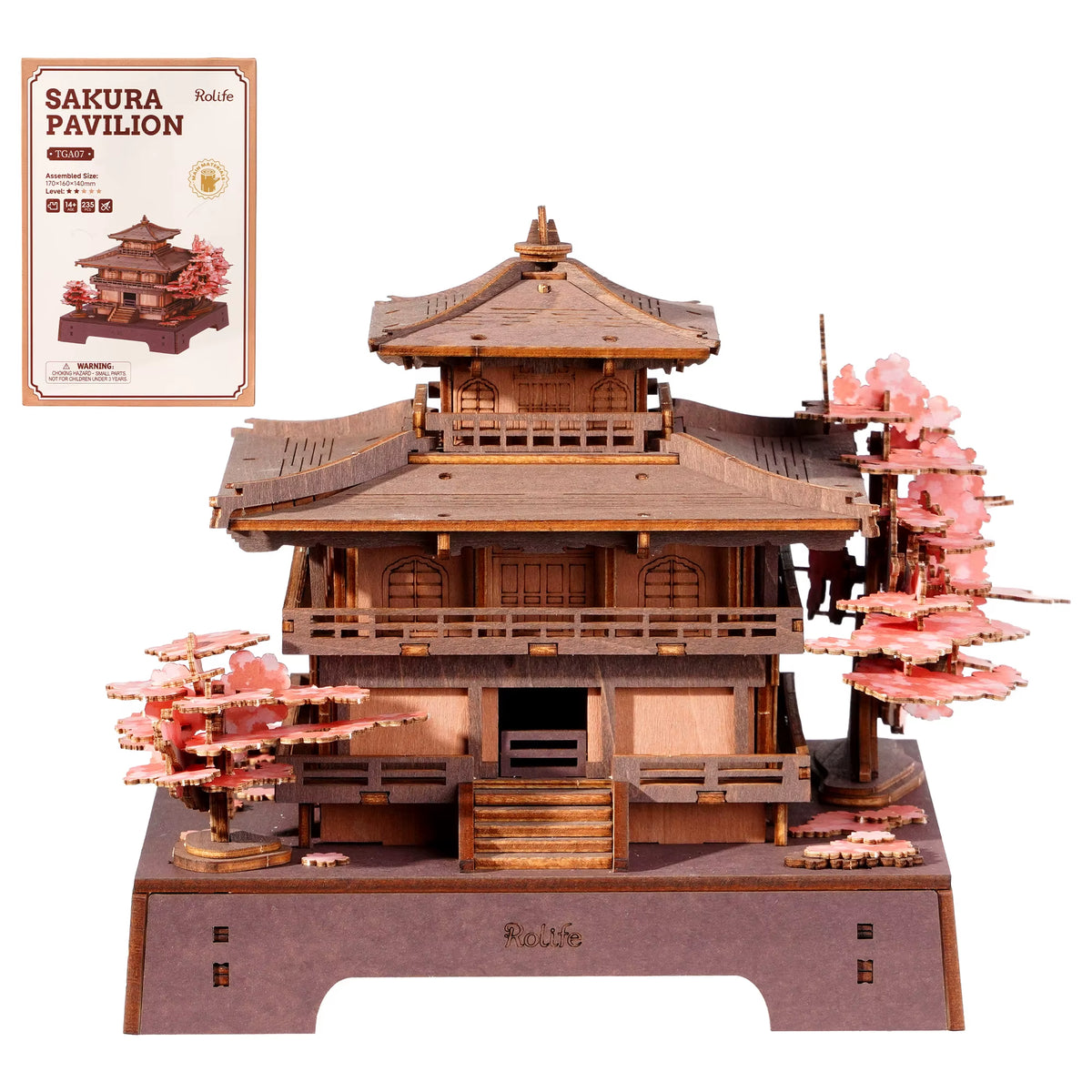 ROKR Sakura Pavilion 3D Wooden Puzzle - Japanese Architectural Model Featuring Cherry Blossom Design, 235-Piece DIY Craft Kit for Adults and Teens