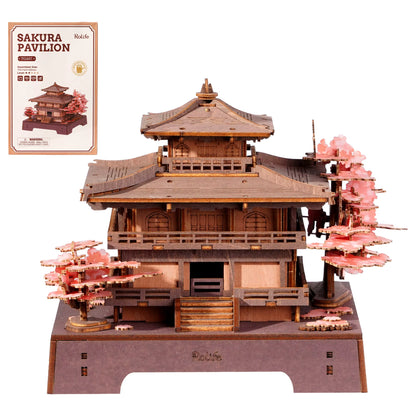 ROKR Sakura Pavilion 3D Wooden Puzzle - Japanese Architectural Model Featuring Cherry Blossom Design, 235-Piece DIY Craft Kit for Adults and Teens