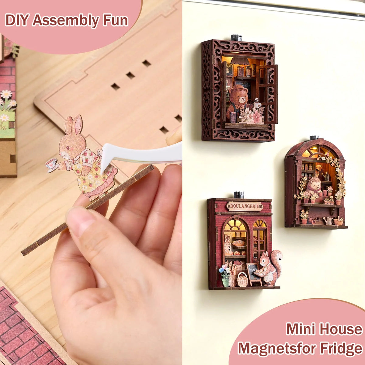 DIY 3D Book Nook Fridge Magnet Kit - Creative Assembly Model with Miniature Furniture and Animal Decor for Dollhouse Enthusiasts