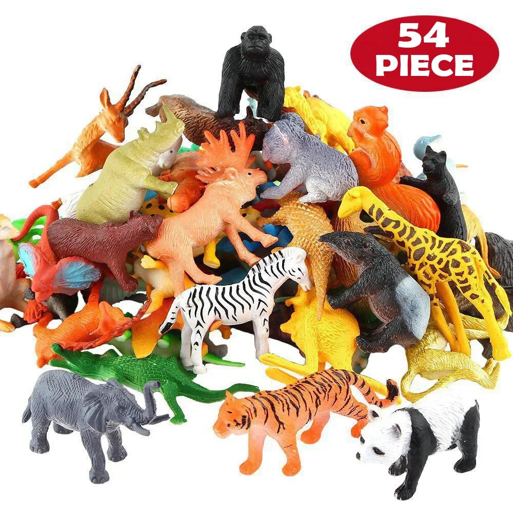 54 Pcs Mini Jungle Animal Toys Set Realistic Wild Plastic Animals Learning Toys Elephant Gazelle Giraffe Gnu Gorilla Lion Tiger