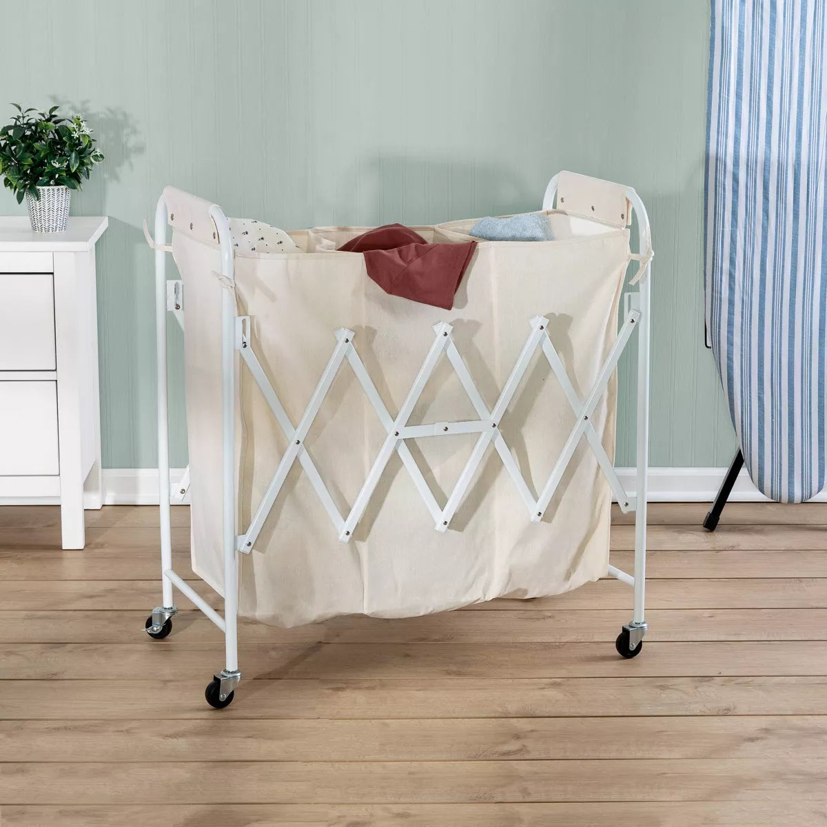 Accordion Triple Sorter - White Steel Rolling Laundry Hamper with Wheels, Collapsible Open-Top Design