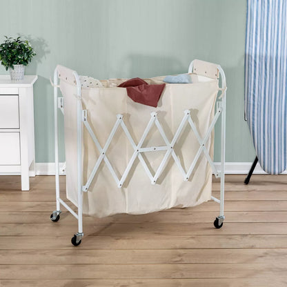 Accordion Triple Sorter - White Steel Rolling Laundry Hamper with Wheels, Collapsible Open-Top Design