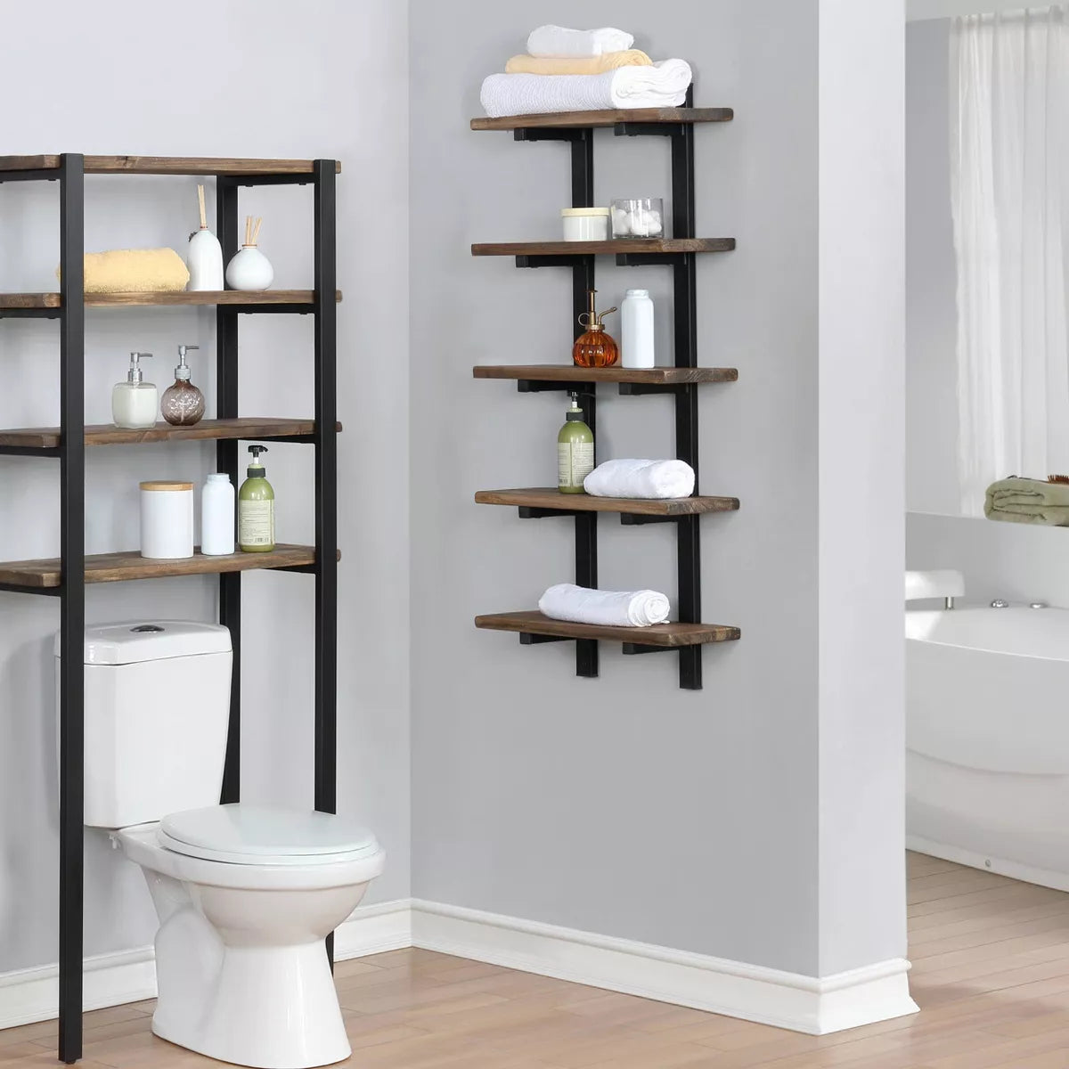 Pomona Natural Metal and Solid Wood Wall Shelf