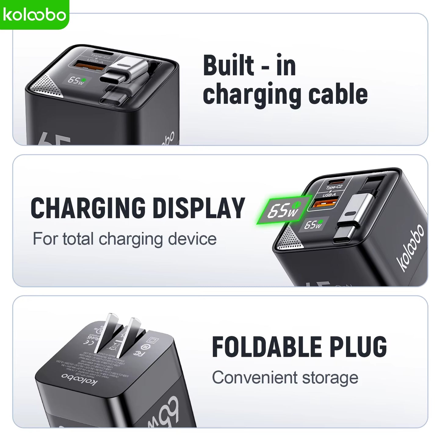 65W Gan Fast Charger Three-Port Charging Head Built-In 80Cm Retractable Typec Cable for Iphone16 15 14 13 Promax Xiaomi Samsung