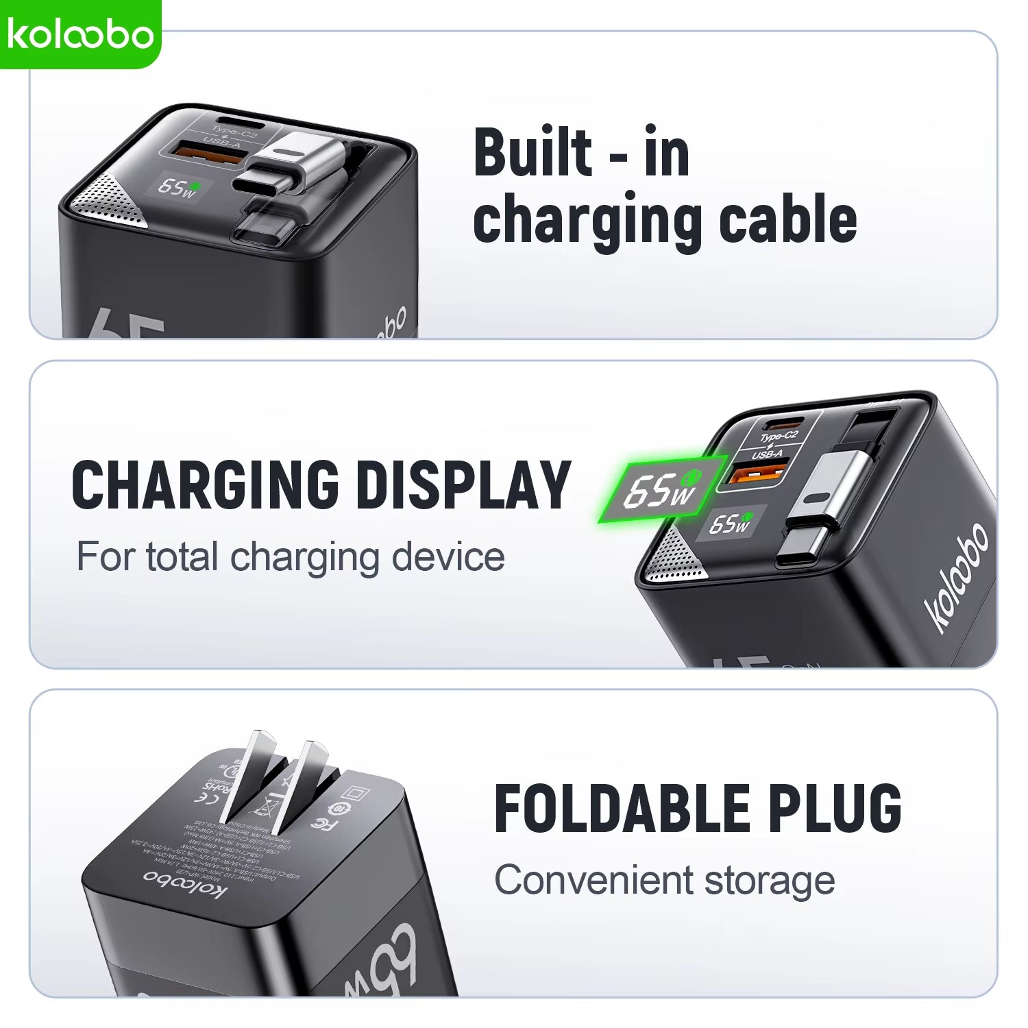 65W Gan Fast Charger Three-Port Charging Head Built-In 80Cm Retractable Typec Cable for Iphone16 15 14 13 Promax Xiaomi Samsung