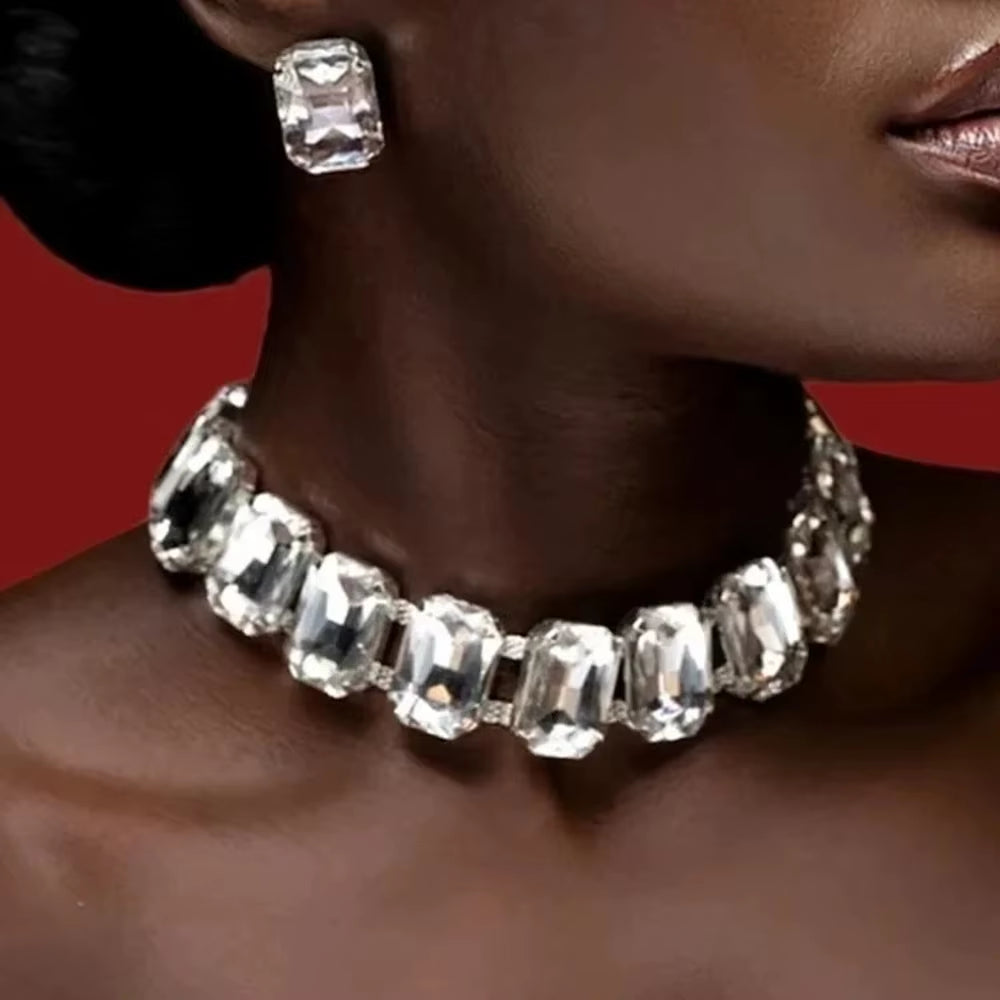 Stonefans Bride Crystal Necklace Earrings Set Bridesmaid Wedding Jewellry Two Pieces Choker Necklace Prom Costume Jewelry Sets