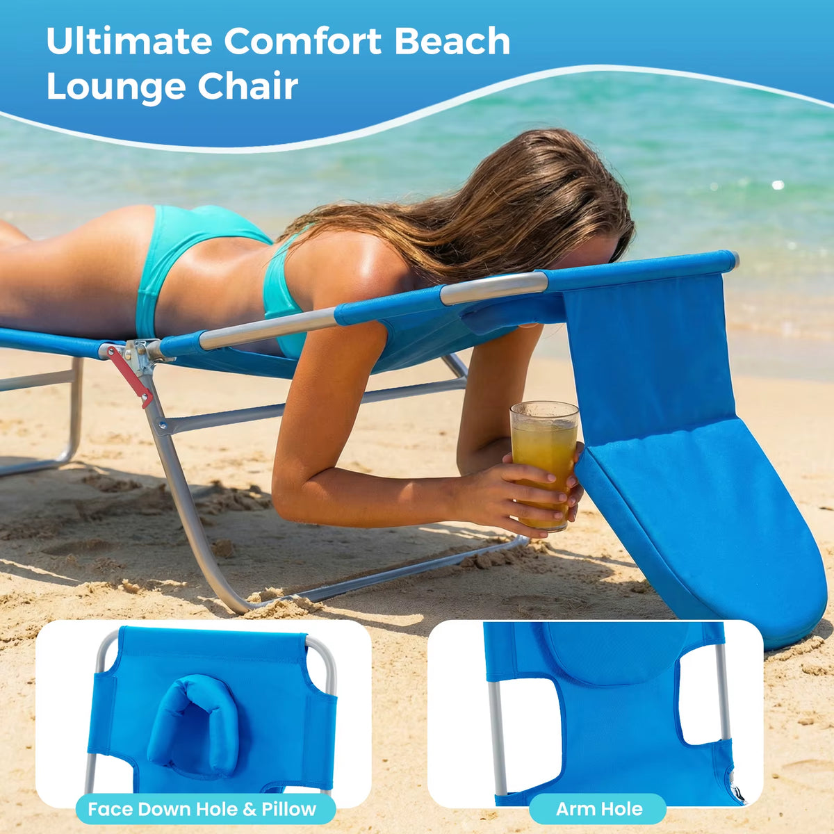JHK 5-Position Adjustable Reclining Beach Lounge Chair - Portable Folding Sun Chair with Face and Arm Holes, Supports Up to 225 lbs for Patio Use