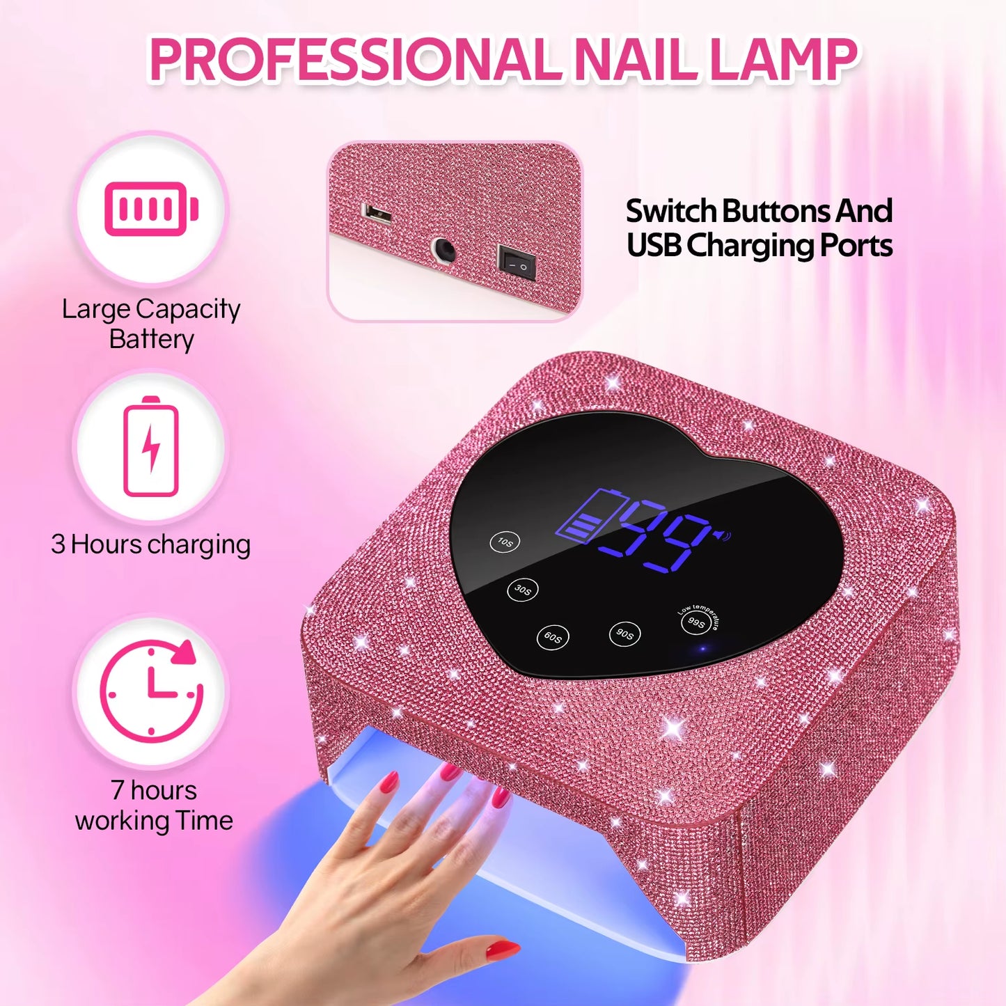 Rechargeable UV LED Nail Lamp 72W Cordless UV Light for Nails with Rhinestone Heart Shaped Manicure Pedicure Machine Nail Tools