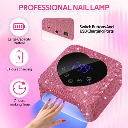 Rechargeable UV LED Nail Lamp 72W Cordless UV Light for Nails with Rhinestone Heart Shaped Manicure Pedicure Machine Nail Tools