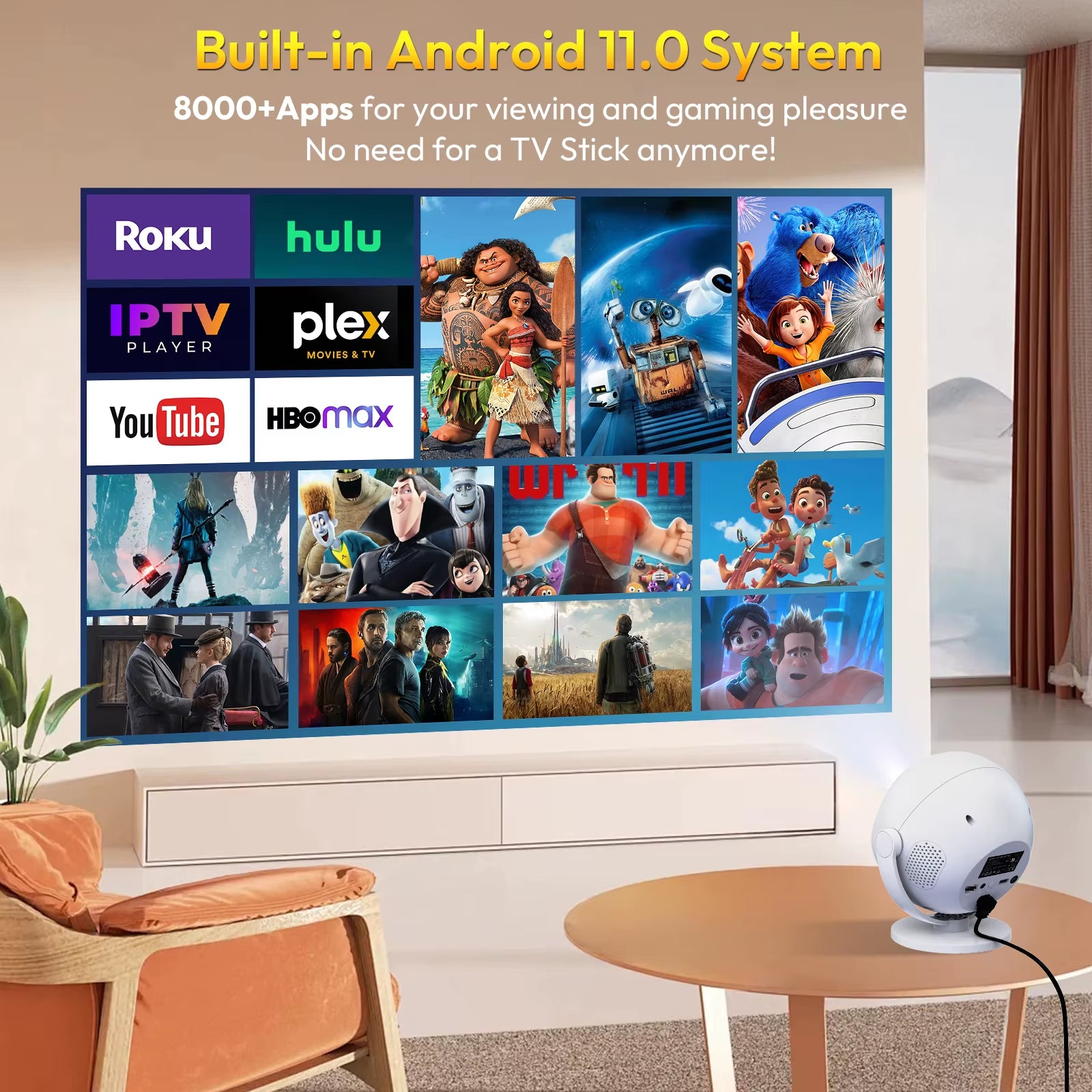 ​ 350 ANSI 4K Portable Android Projector Native 720P/1080P Wifi6 Bluetooth 50% Zoom Electric Focus for Home Theater