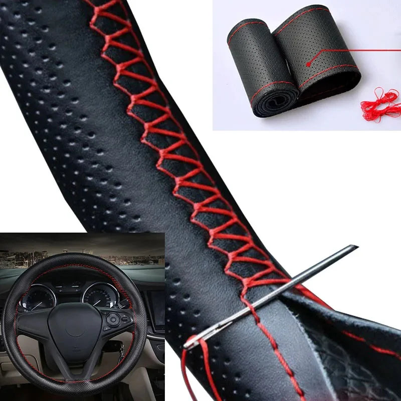 Premium Car Steering Wheel Cover Kit with Needles and Braided Thread - Two-Color DIY Soft Artificial Leather Auto Accessories