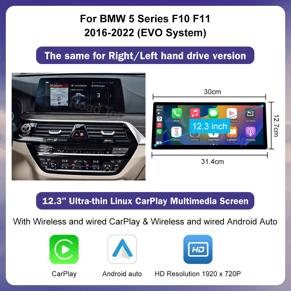12.3-Inch Ultra-Thin Multimedia Touchscreen for BMW 5 Series F10 F11 CIC NBT EVO System with Wireless CarPlay and Android Auto Integration