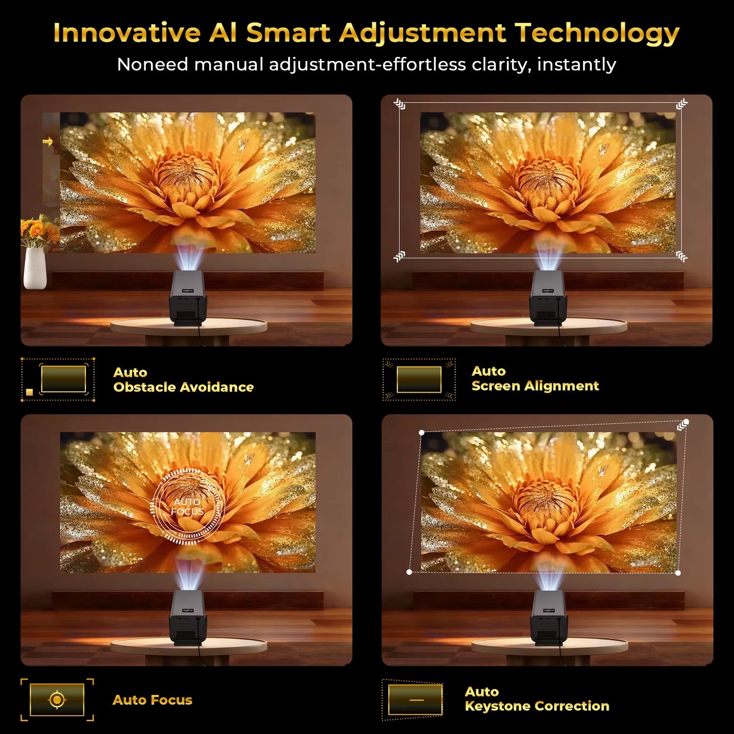 8K Support Ultra High Definition Projector with Android 14 OS, Native1080P 1000ANSI Built-In Apps, Auto Focus & Keystone Beammer