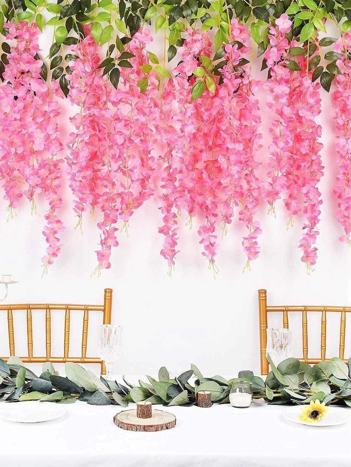 12Pcs Wisteria Artificial Fake Flower Bushy Vine Ratta Hanging Garland for Wedding Home Wall Decor Pink