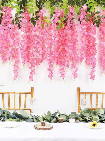 12Pcs Wisteria Artificial Fake Flower Bushy Vine Ratta Hanging Garland for Wedding Home Wall Decor Pink