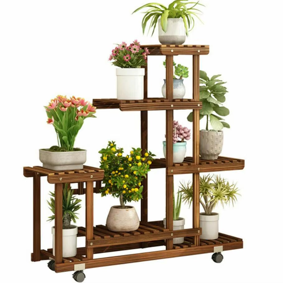 Multi-Tiered Wooden Plant Stand with Wheels for Indoor and Outdoor Use