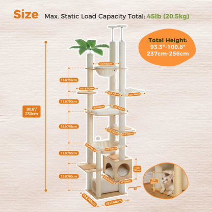 Height Adjustable Wooden Cat Tower with Spacious Hammock and Sisal Scratching Posts - Floor to Ceiling Indoor Cat Condo