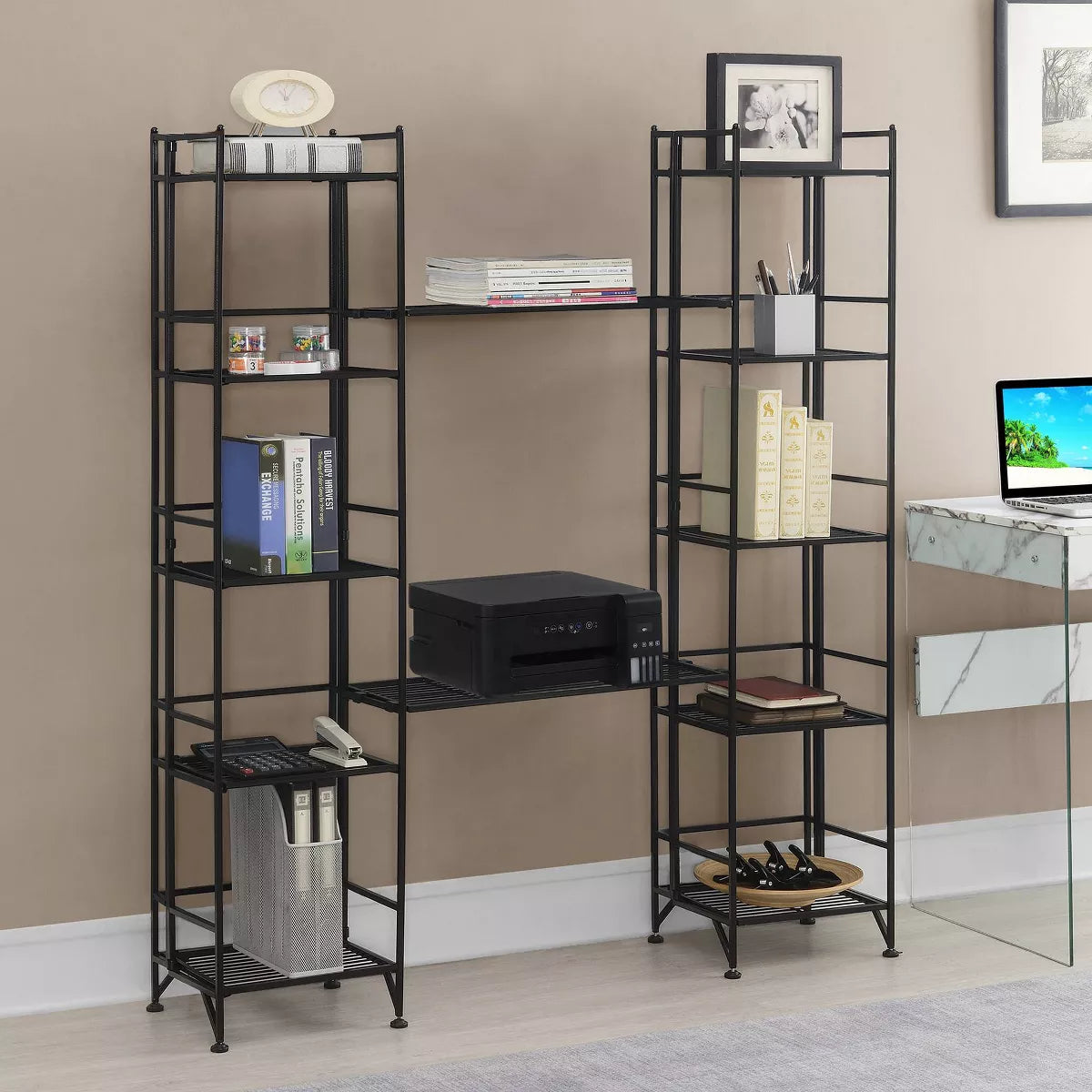 57.5" Extra Storage 5 Tier Folding Metal Shelves with Set of 2 Extension Shelves 
