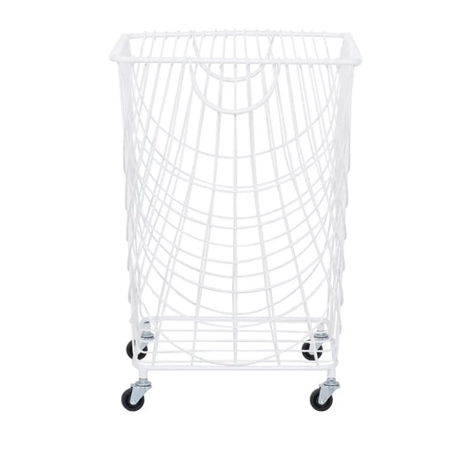 French Country White Iron Storage Cart with Decorative Rectangle Basket - 24" Height, Spot Clean Recommended