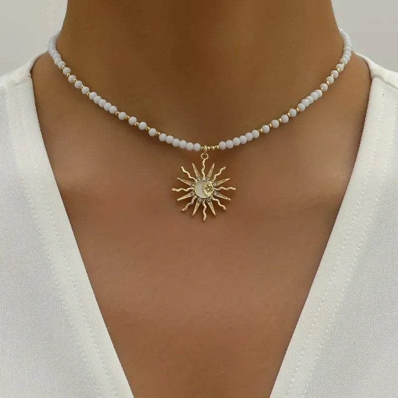 Vintage Golden-Toned Sun Pendant Necklace for Women Elegant Turquoise Beads Chain Choker Neck Statement Party Jewelry Gifts