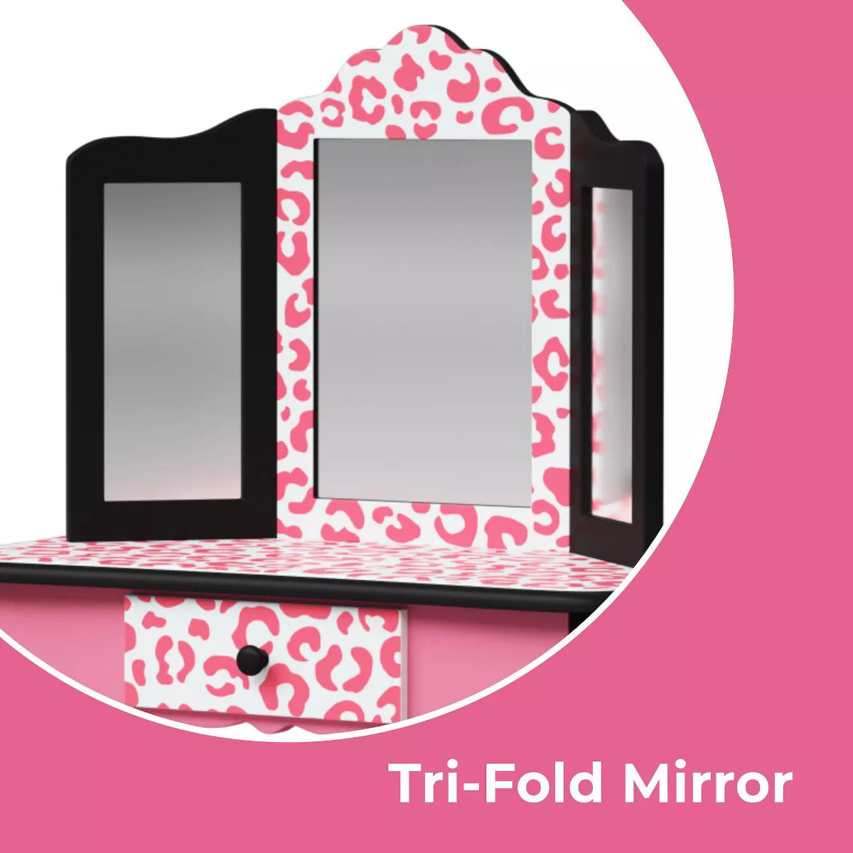 Teamson Kids 2Pc Leopard Prints Kids' Wooden Play Vanity Set Black/Pink: Makeup Vanity for Little Girls with Stool