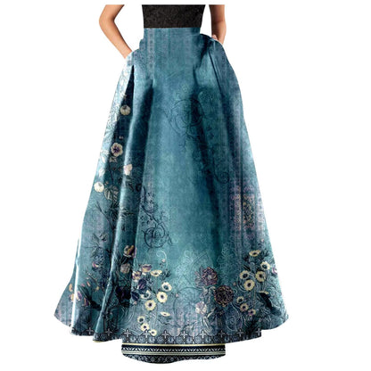 High Waist Pocket Skirts for Women Fashion Bohemian Floral Print Maxi Skirt Party Beach Long Skirt Elegant Vintage Clothing