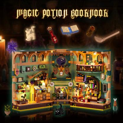 Magic Potion Book Nook Building Set with LED Light - DIY Bookend for Home Decor, Miniature House Brick Model for Adults and Kids