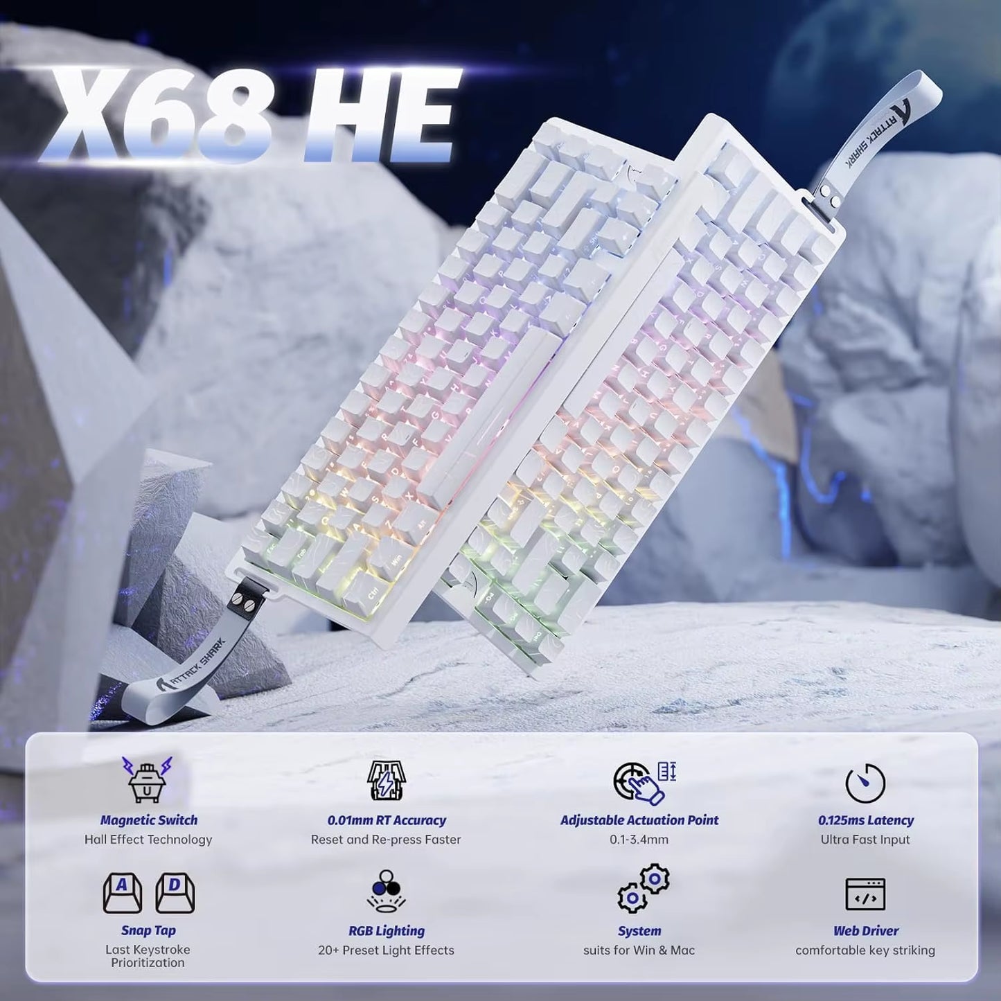 ATTACK SHARK X68 HE Rapid Trigger Mechanical Gaming Keyboard 60% Wired with Adjustable Actuation,Hall Effect Magnetic Switch,8Kh