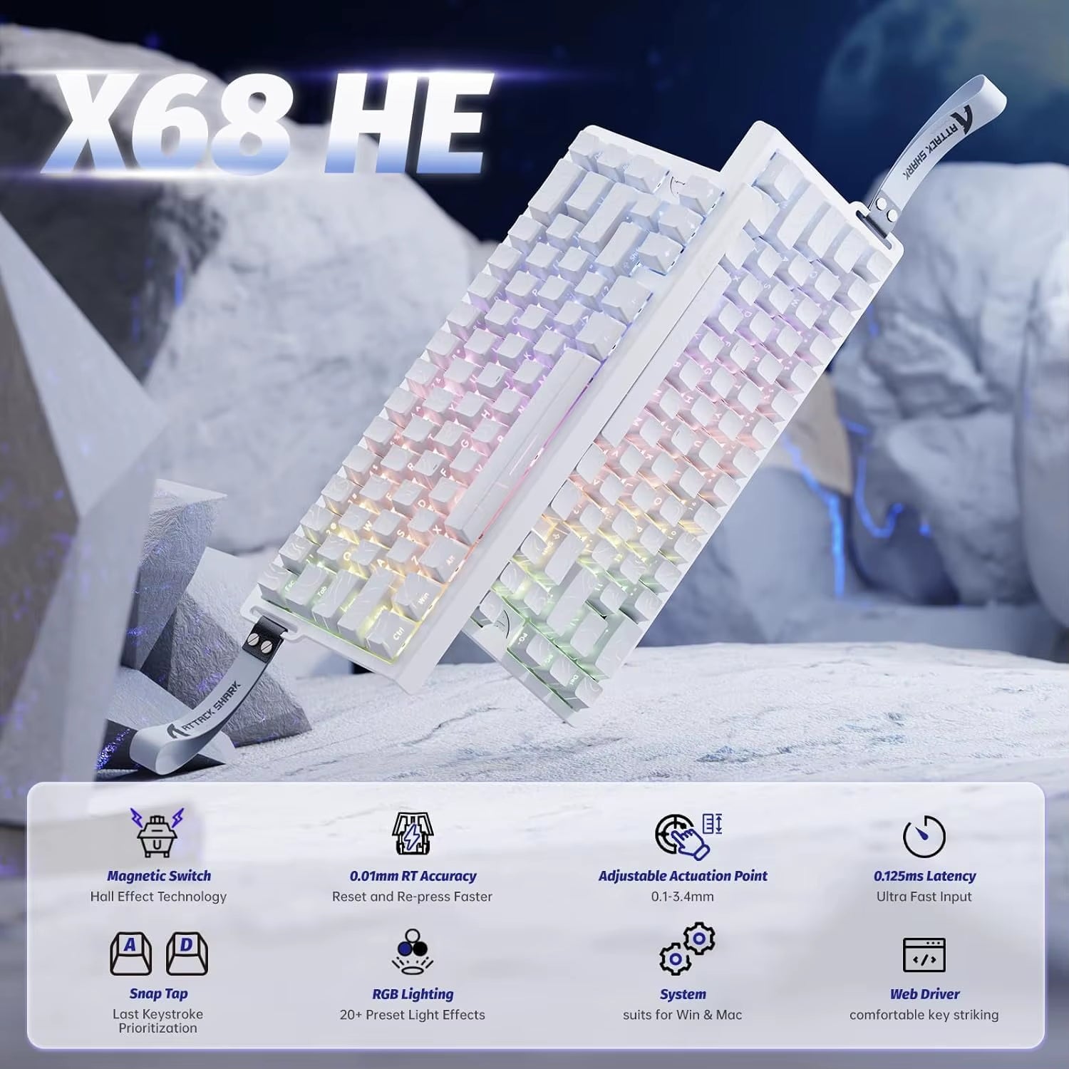 ATTACK SHARK X68 HE Rapid Trigger Mechanical Gaming Keyboard 60% Wired with Adjustable Actuation,Hall Effect Magnetic Switch,8Kh