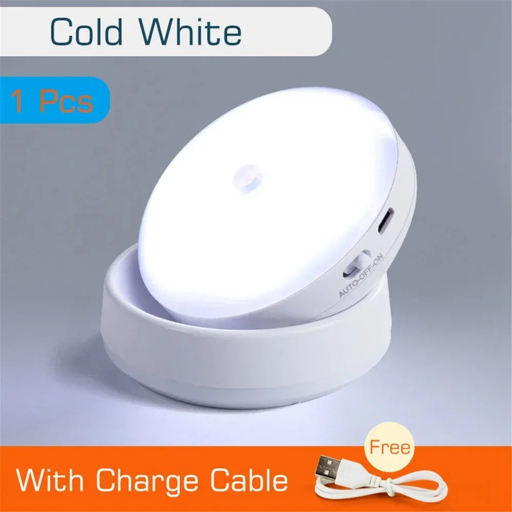 USB Rechargeable Motion Sensor LED Night Light - Energy-Efficient Round Lamp for Bedroom, Corridor, and Bathroom Wall Illumination