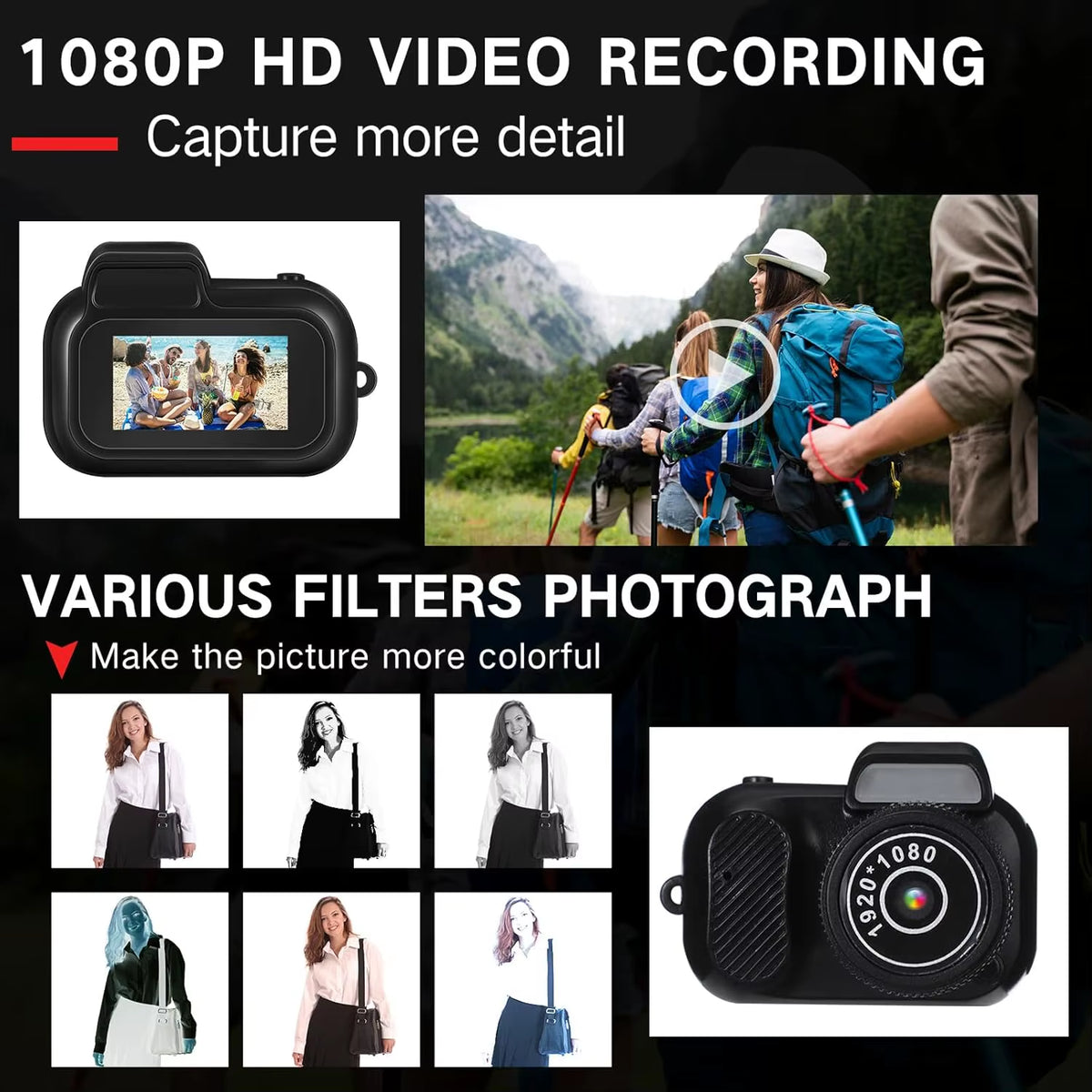 Mini Keychain Retro Digital Camera with 8GB Card, 1080P Resolution, 6 Filters, and 0.96'' HD Display