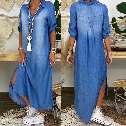 Autumn Long Dresses Women Vintage Solid Color Half Sleeve Jeans Dress with Side Split V Neck Vestidos for Women Casual