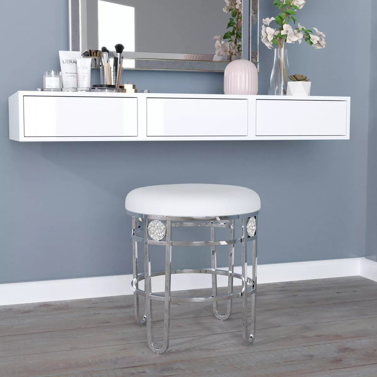 Dessa Glam Metal Vanity Stool Chrome - round Makeup Seat, Faux Leather