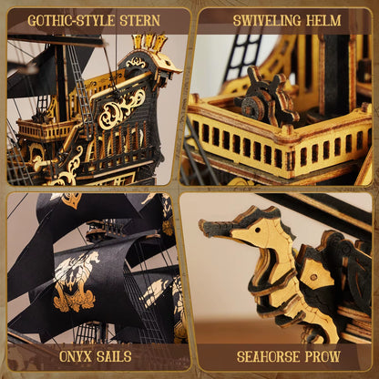 ROKR Seahorse Barque 3D Wooden Puzzle Model Kit - 1:100 Scale DIY Sailboat with 603 Pieces for Adults and Boys