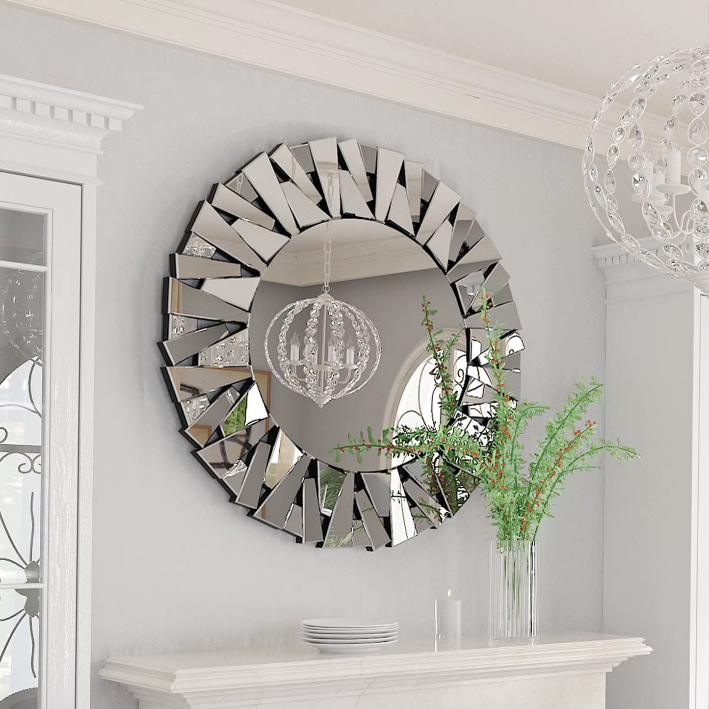 32" Wall Mirrors Decorative round Sunburst Mirror for Wall Decor Modern Silver Glass Wall-Mounted Beveled Hanging Circle Accents