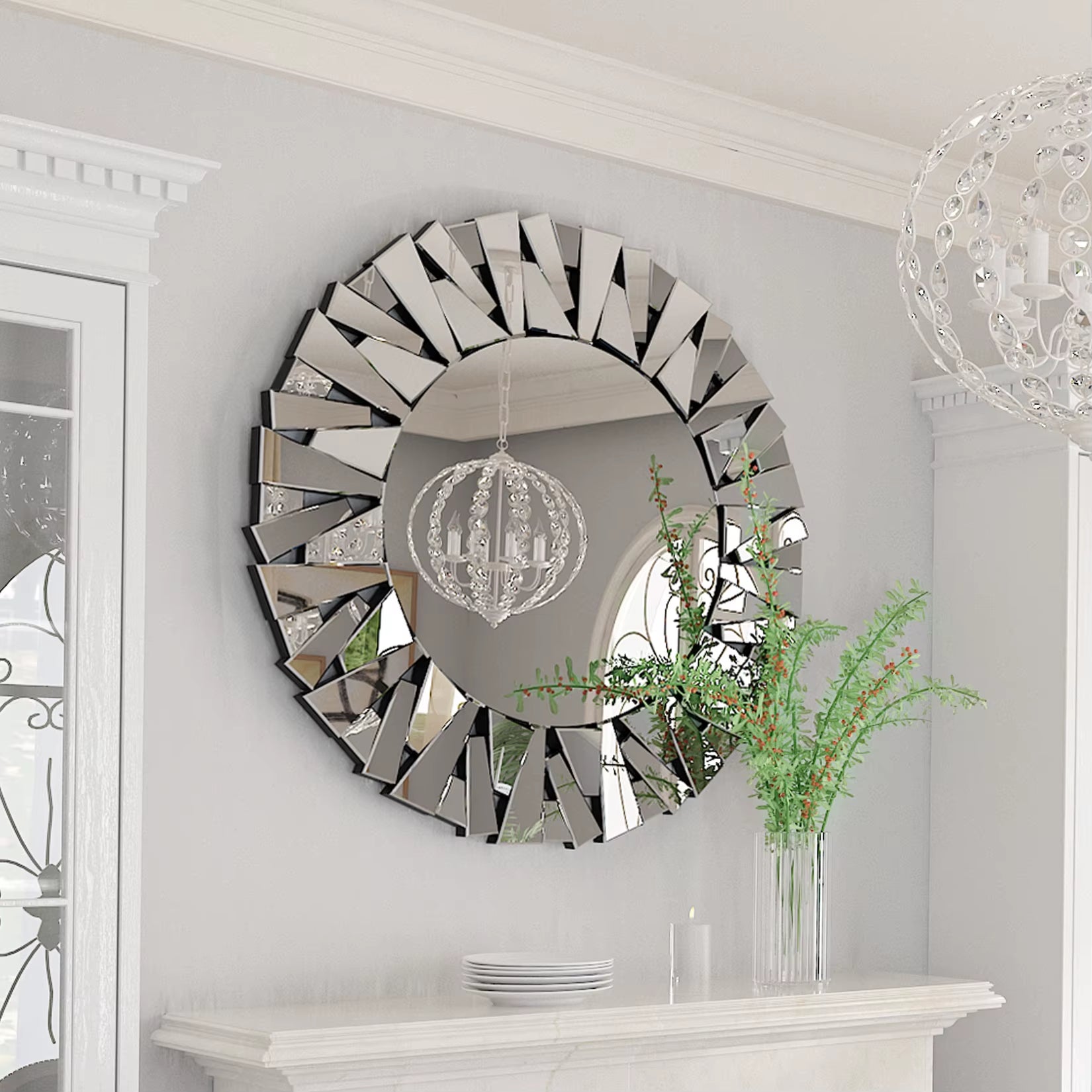 32" Wall Mirrors Decorative round Sunburst Mirror for Wall Decor Modern Silver Glass Wall-Mounted Beveled Hanging Circle Accents