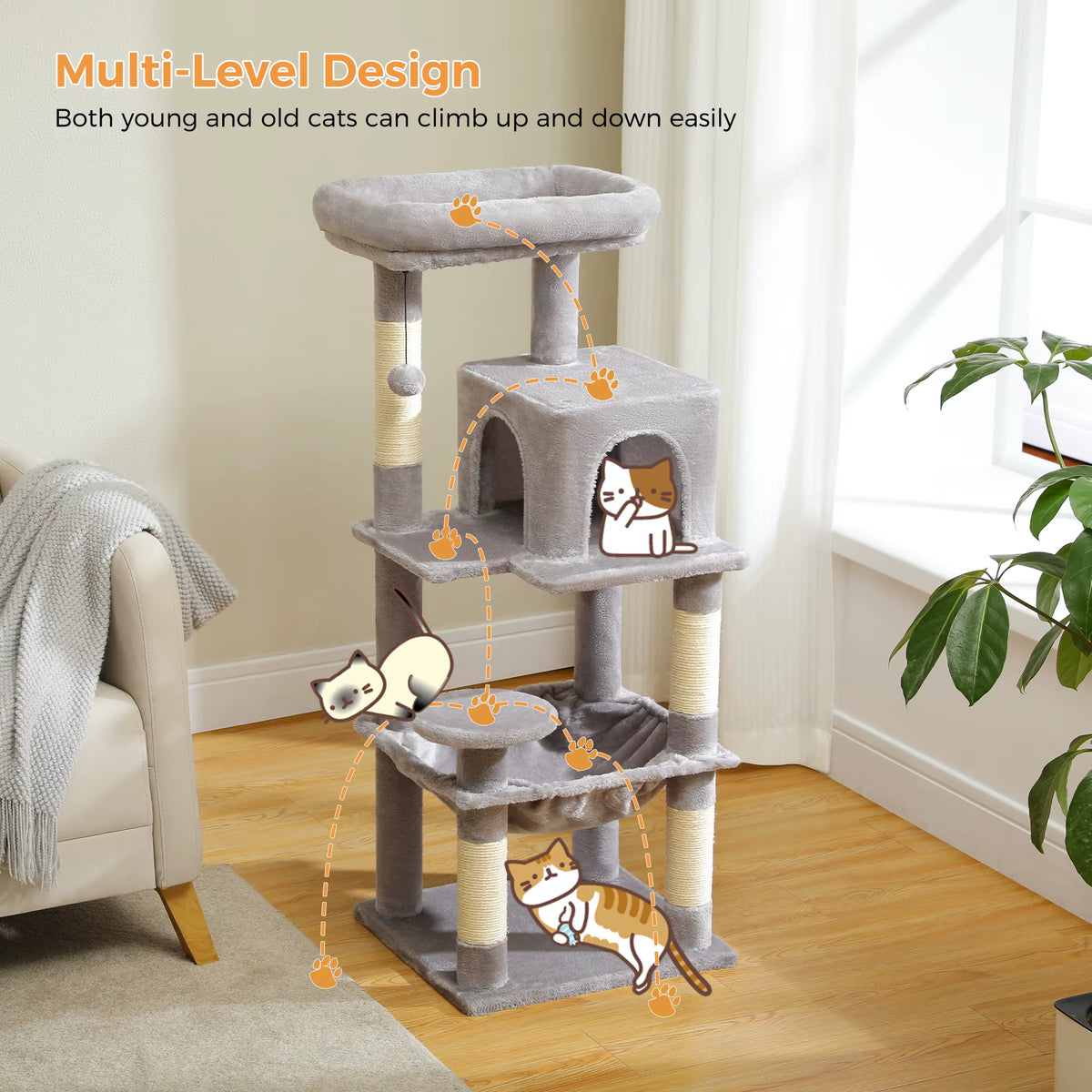 Indoor Cat Tree, 5-Tier Cat Tower for Large Cats with Metal Frame, Spacious Hammock, and Elevated Perch