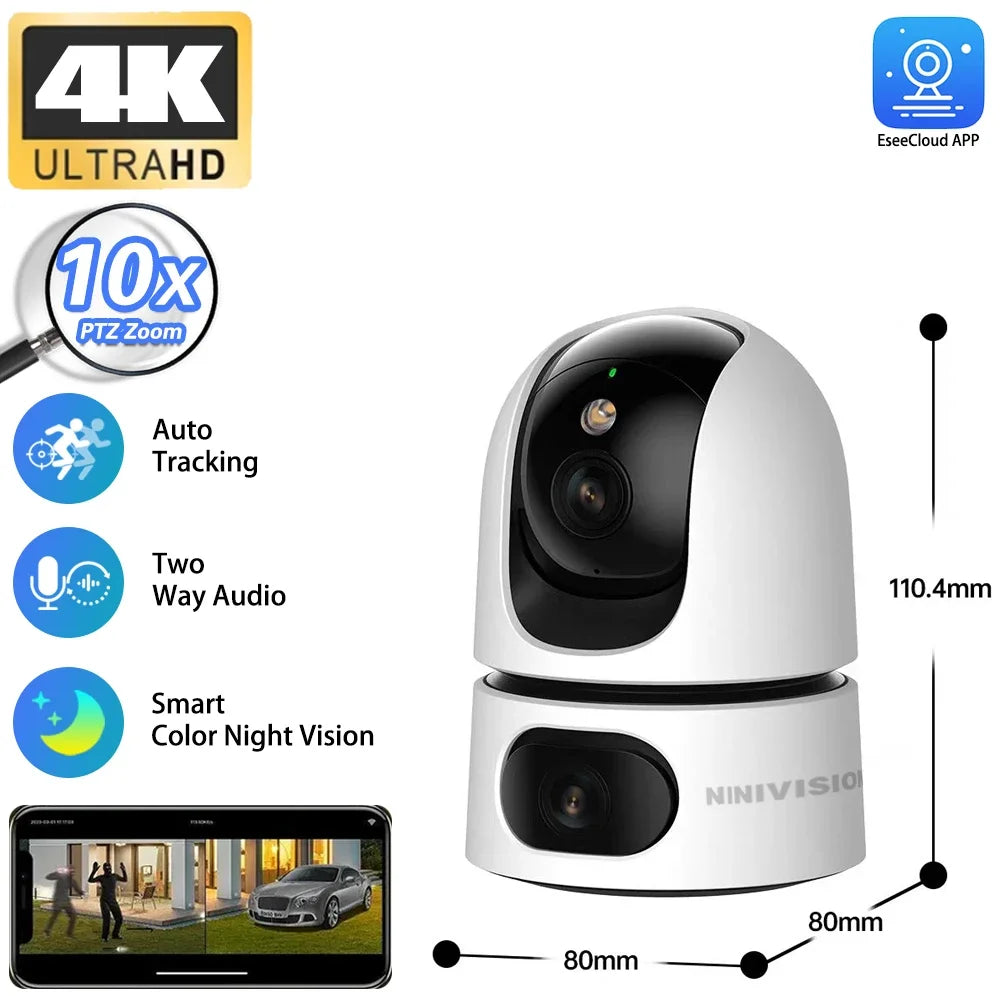 Dual Lens Home Indoor CCTV Surveillance 10X Zoom 4K 8MP Wifi PTZ IP Camera Auto Tracking Security Protection Baby Monitor