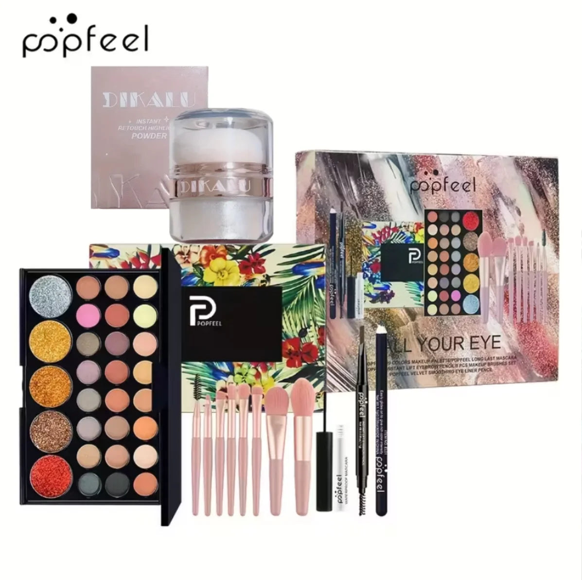 POPFEEL Comprehensive Full Face Makeup Kit with Brush and Facial Highlighter - Complete Beauty Set Featuring Berry & Neutral Foundation, Blush, and Eye Products