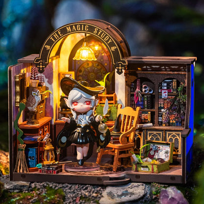Robotime Rolife the Magic Study DIY Miniature House with Many Magic Note Books Dollhouse Decoration 3D Wooden Puzzle DG166