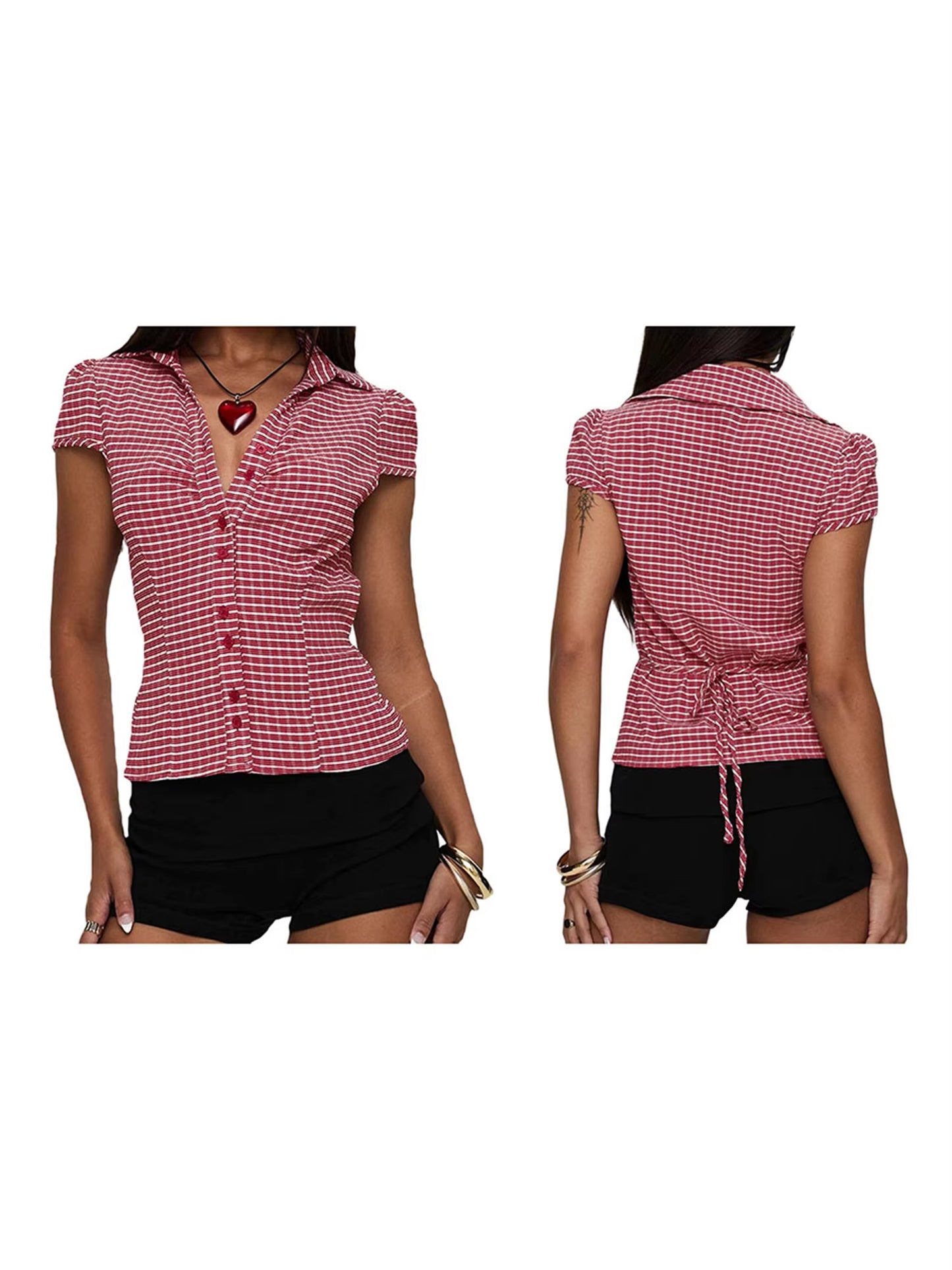 Women S Stylish Plaid Print Short Sleeve Shirt Lapel Button down Fit Casual Blouse Streetwear Summer Tops Collection