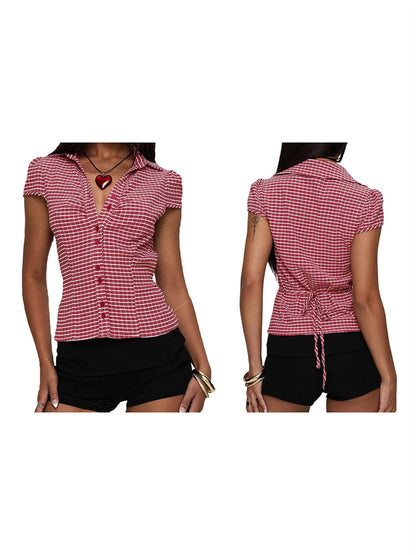 Women S Stylish Plaid Print Short Sleeve Shirt Lapel Button down Fit Casual Blouse Streetwear Summer Tops Collection
