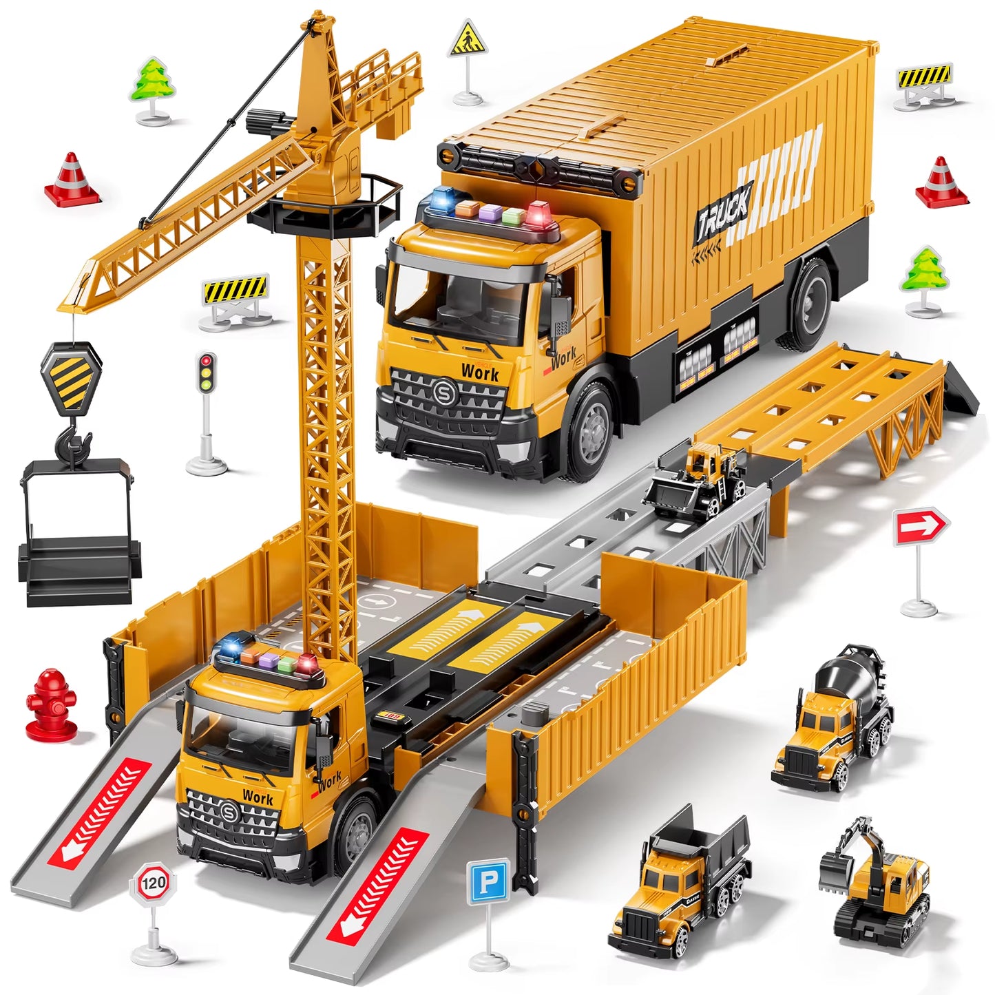 Carrier Truck Race Track Kids Toys Construction Truck Toys for 3-8 Years Old Boy Transport Car Truck with Tower Crane Truck Sets