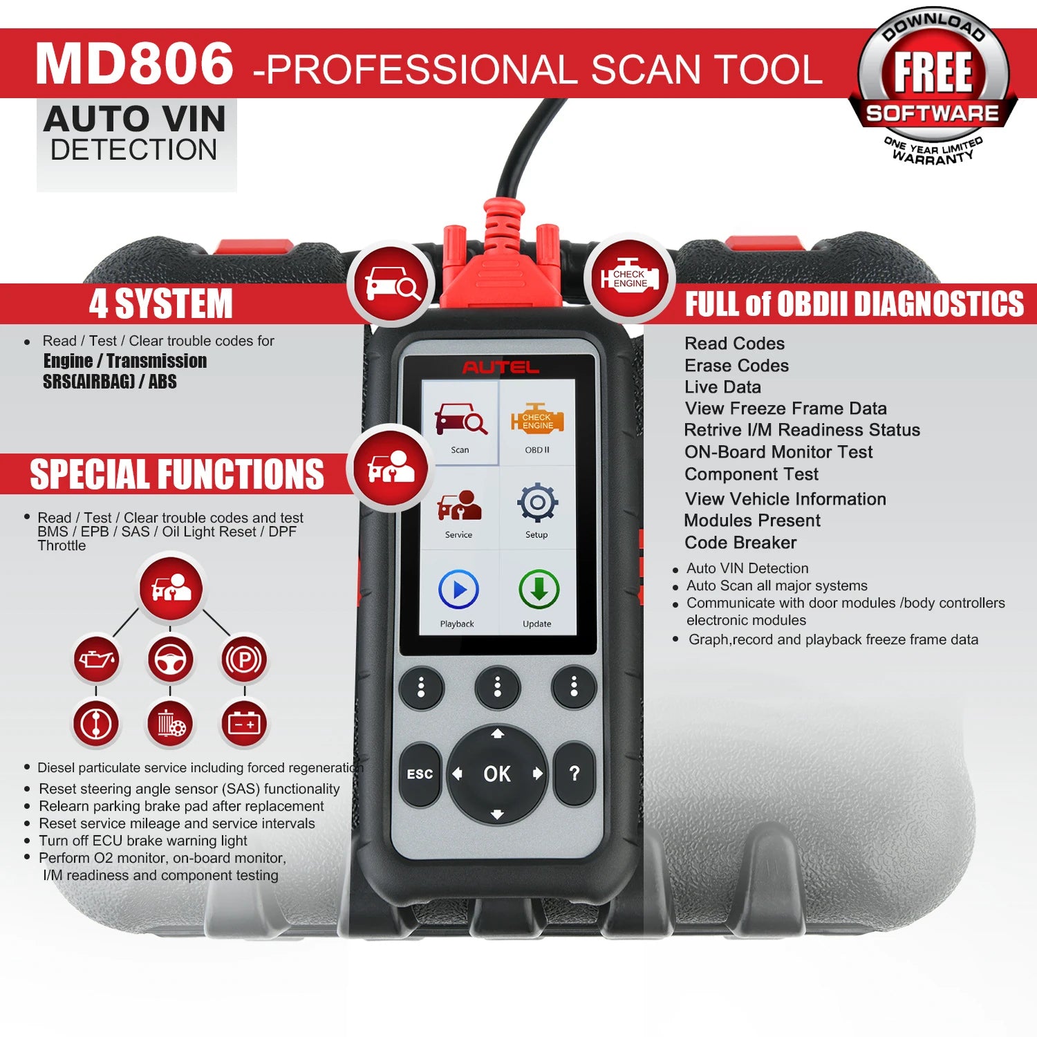  Maxidiag MD806 Full System Diagnoses OBD2 Car Automotive Scanner Tool 4 Systems Diagnosis 7 Most Special Reset Services